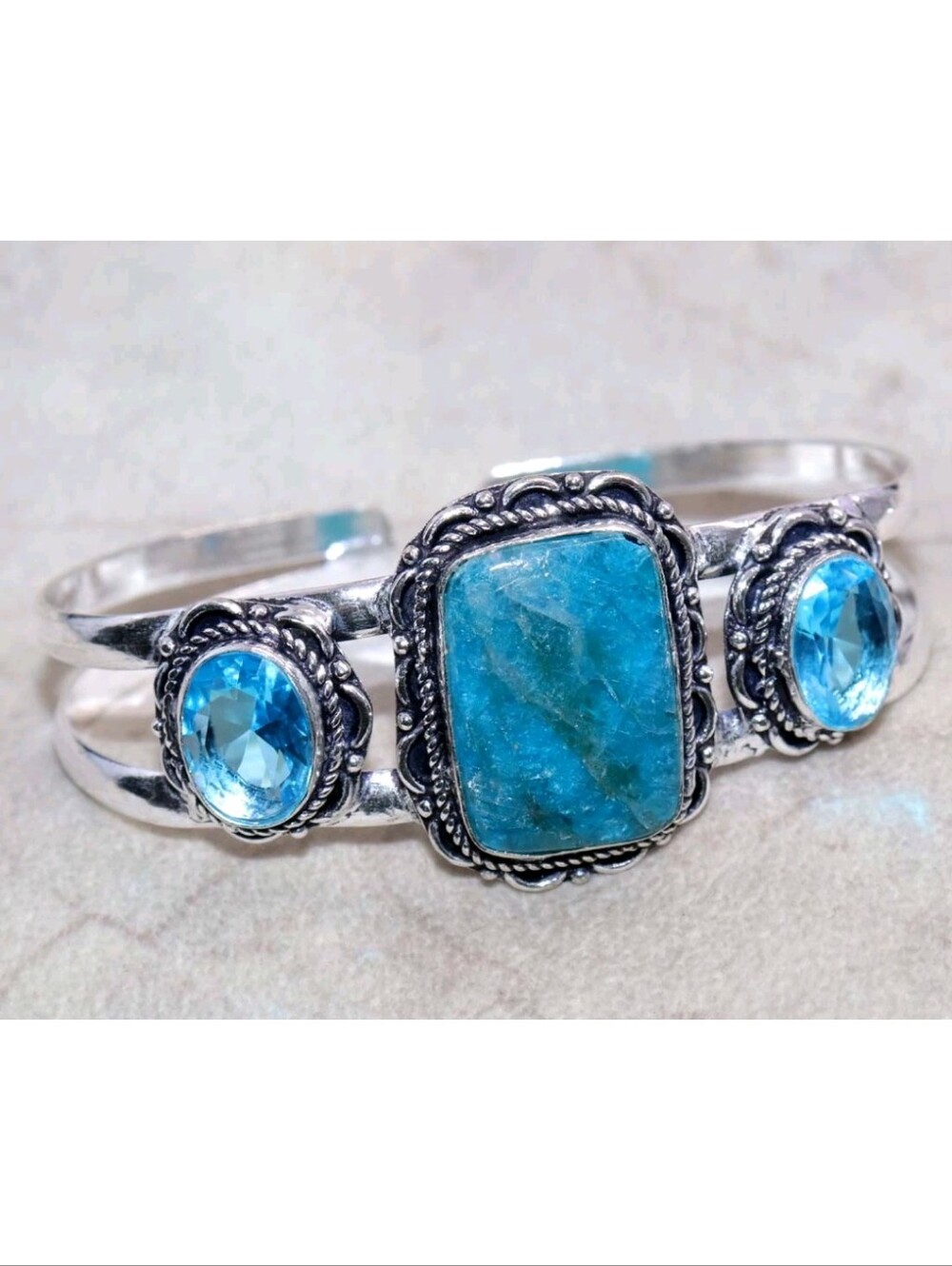 Blue Apatite, Blue Topaz Gemstone Jewelry 925 Sterling Silver Cuff Bracelet